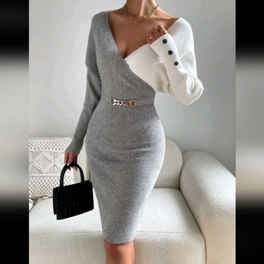 Surplice Neck Sweater Dress